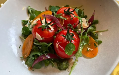 Entrée créative maison au Steinway à Quimper : Tomates farçies au chèvre frais à l’amande et basilic