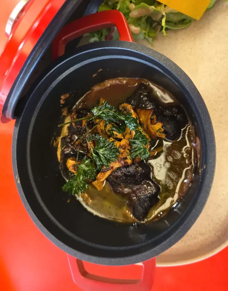 Joue de boeuf confite, panais, girolles et chlorophylle